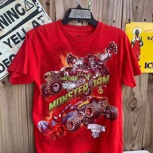 Monster Jam Grave Digger Vs Spider man red t-shirt Size 14/16